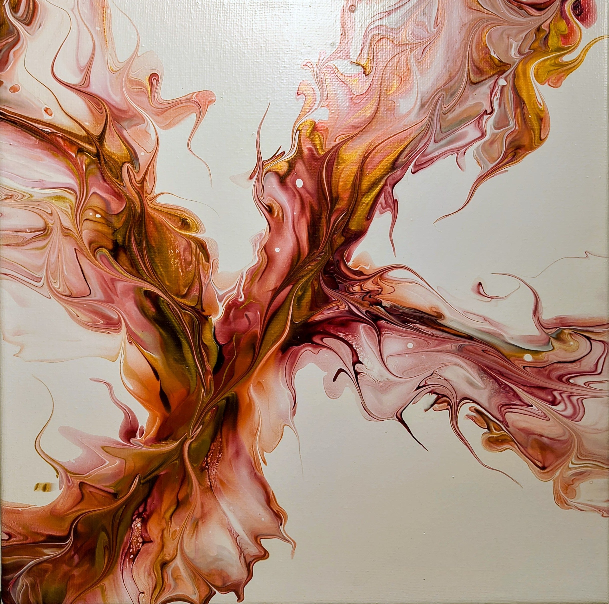 Abstract fluid acrylic painting on canvas featuring swirling marbled patterns in pink, peach, orange, brown, and gold on a warm off-white background.