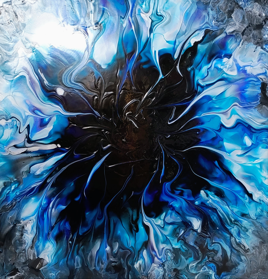 Into the Eye" – 12x12 Abstract Acrylic Painting in Blue, Black & White