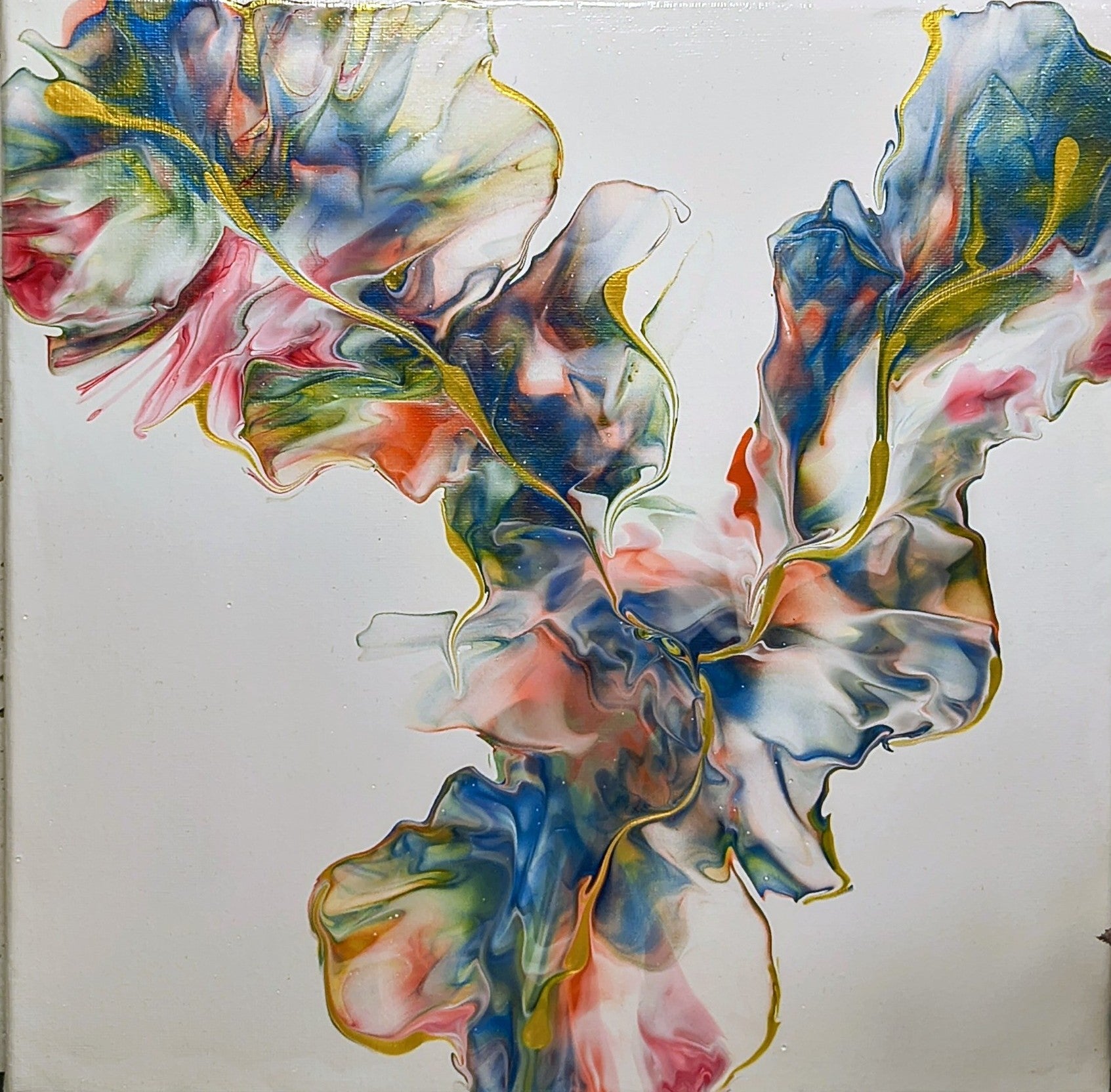 Abstract fluid acrylic painting on canvas featuring organic, ruffled shapes in blue, white, pink, green, and gold, set against a white background.