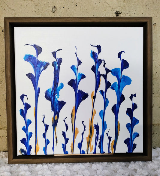 Spring Blues" – 12x12 Acrylic Floral Painting | Blue & Gold Bloom Wall Art